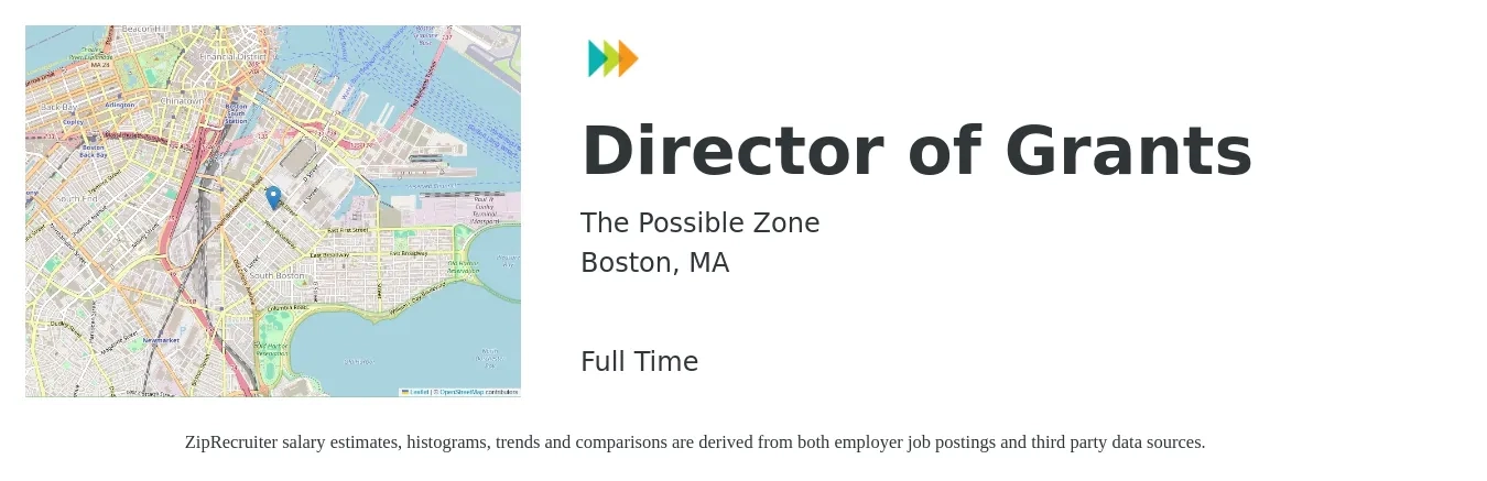 The Possible Zone job posting for a Director of Grants in Boston, MA with a salary of $73,300 to $115,400 Yearly with a map of Boston location.