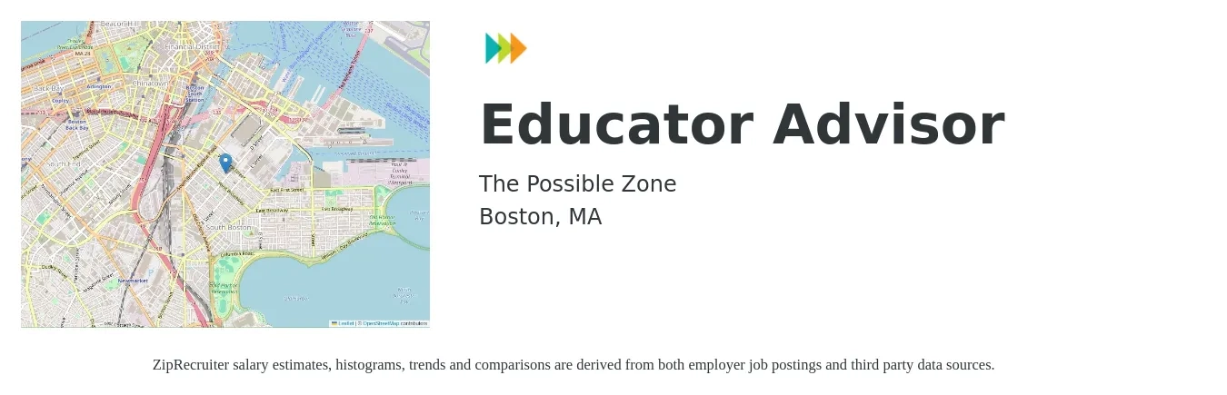 The Possible Zone job posting for a Educator Advisor in Boston, MA with a salary of $80,000 to $85,000 Yearly with a map of Boston location.