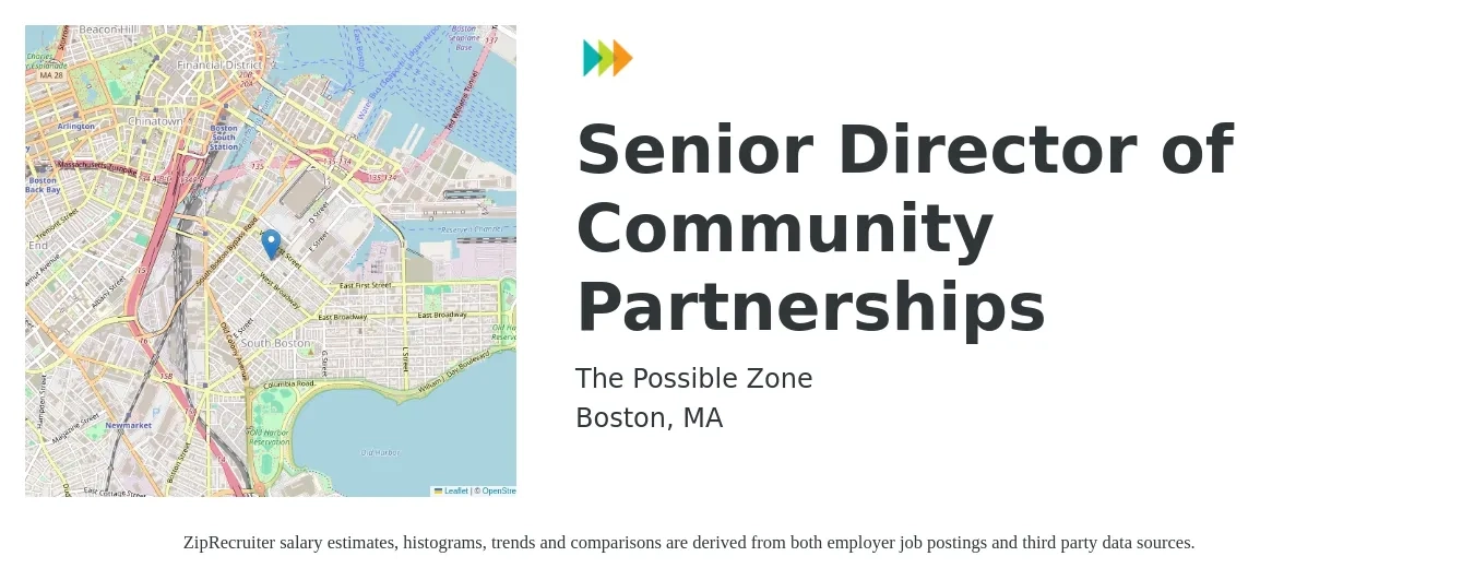 The Possible Zone LLC job posting for a Senior Director of Community Partnerships in Boston, MA with a salary of $58,000 to $92,800 Yearly with a map of Boston location.