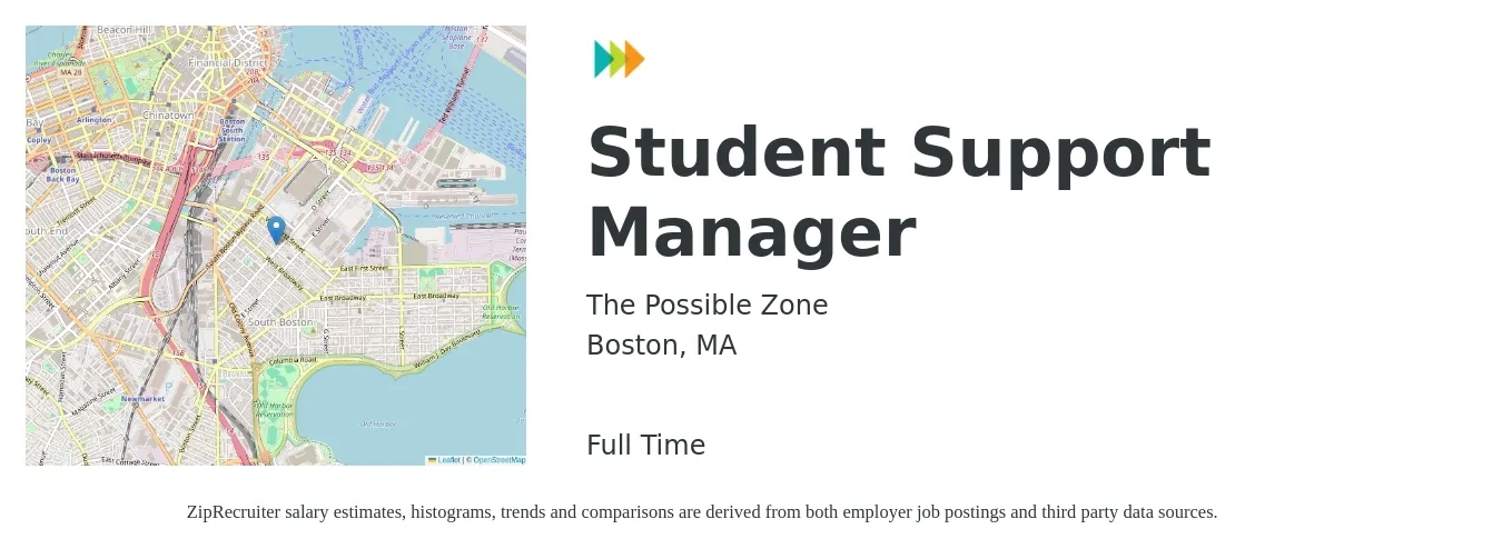 The Possible Zone job posting for a Student Support Manager in Boston, MA with a salary of $44,300 to $95,900 Yearly with a map of Boston location.
