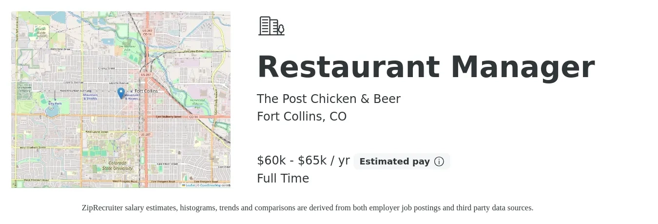 The Post Chicken & Beer job posting for a Restaurant Manager in Fort Collins, CO with a salary of $60,000 to $65,000 Yearly with a map of Fort Collins location.