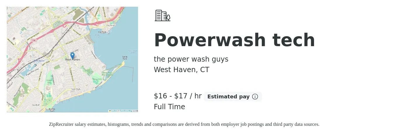 the power wash guys job posting for a Powerwash tech in West Haven, CT with a salary of $17 to $18 Hourly and benefits including retirement with a map of West Haven location.