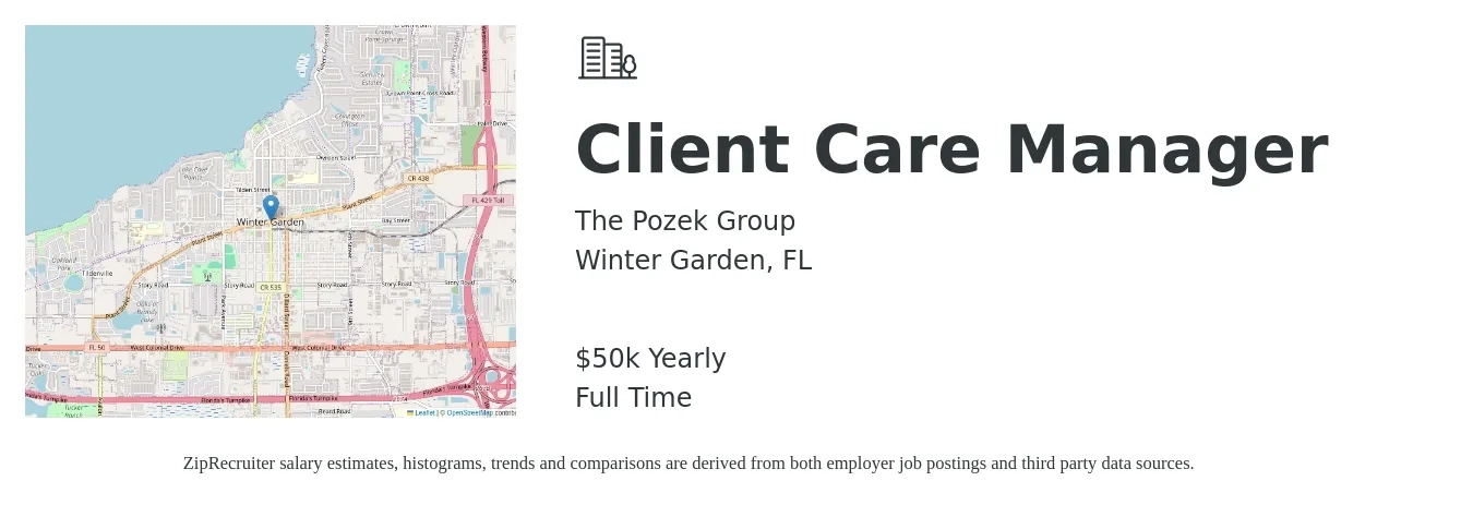 The Pozek Group job posting for a Client Care Manager in Winter Garden, FL with a salary of $50,000 Yearly with a map of Winter Garden location.