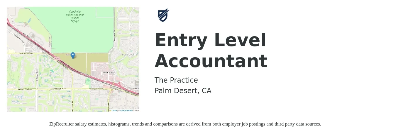 The Practice job posting for a Entry Level Accountant in Palm Desert, CA with a salary of $45,000 to $65,000 Yearly with a map of Palm Desert location.
