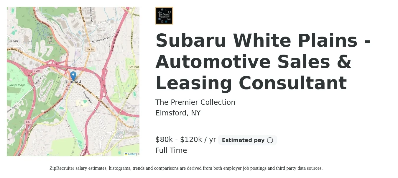 The Premier Collection job posting for a Subaru White Plains - Automotive Sales & Leasing Consultant in Elmsford, NY with a salary of $80,000 to $120,000 Yearly with a map of Elmsford location.