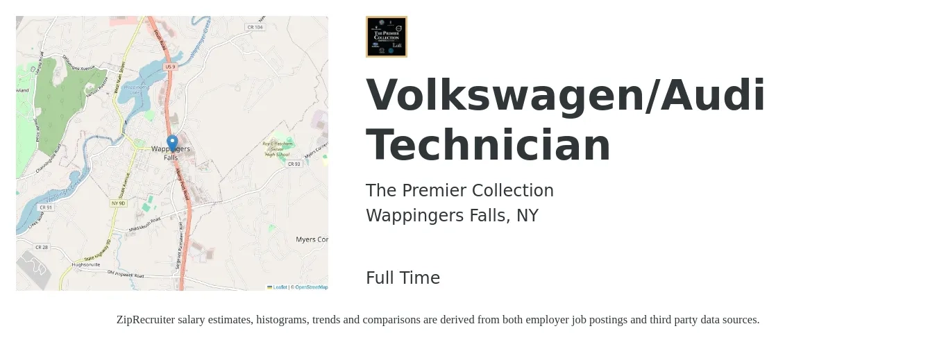 The Premier Collection job posting for a Volkswagen/Audi Technician in Wappingers Falls, NY with a salary of $22 to $34 Hourly with a map of Wappingers Falls location.