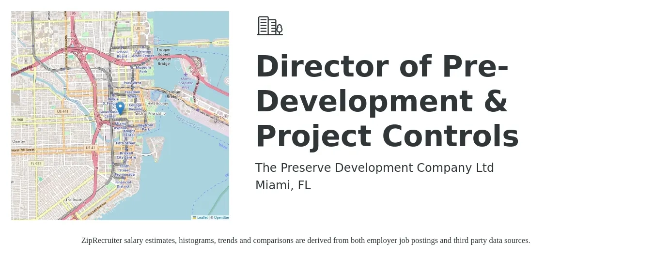 The Preserve Development Company Ltd job posting for a Director of Pre-Development & Project Controls in Miami, FL with a salary of $109,300 to $138,900 Yearly with a map of Miami location.
