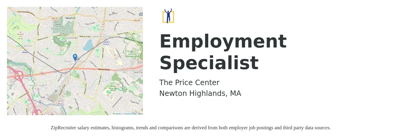 The Price Center job posting for a Employment Specialist in Newton Highlands, MA with a salary of $24 Hourly with a map of Newton Highlands location.