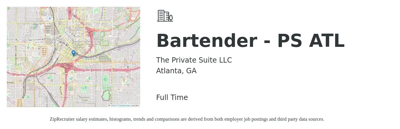 The Private Suite LLC job posting for a Bartender - PS ATL in Atlanta, GA with a salary of $10 to $18 Hourly with a map of Atlanta location.