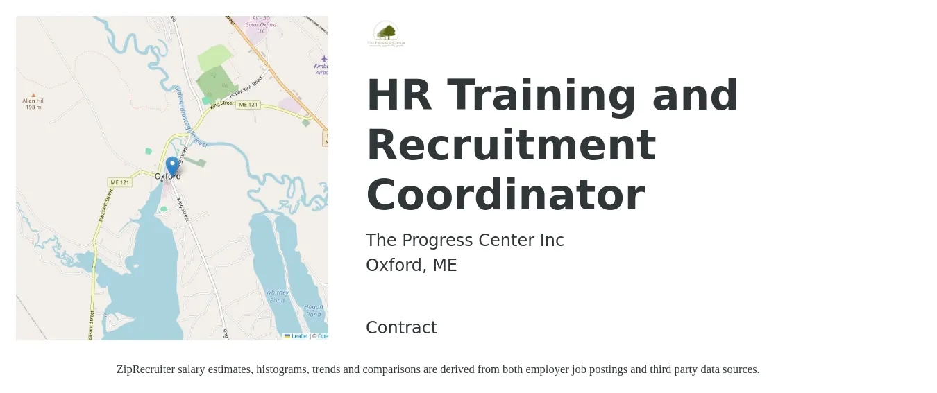 The Progress Center Inc job posting for a HR Training and Recruitment Coordinator in Oxford, ME with a salary of $23 to $24 Hourly with a map of Oxford location.