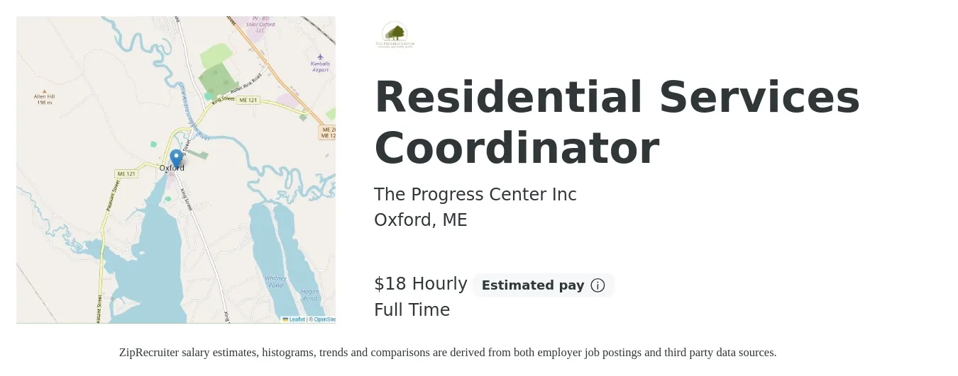 The Progress Center Inc job posting for a Residential Services Coordinator in Oxford, ME with a salary of $20 Hourly with a map of Oxford location.