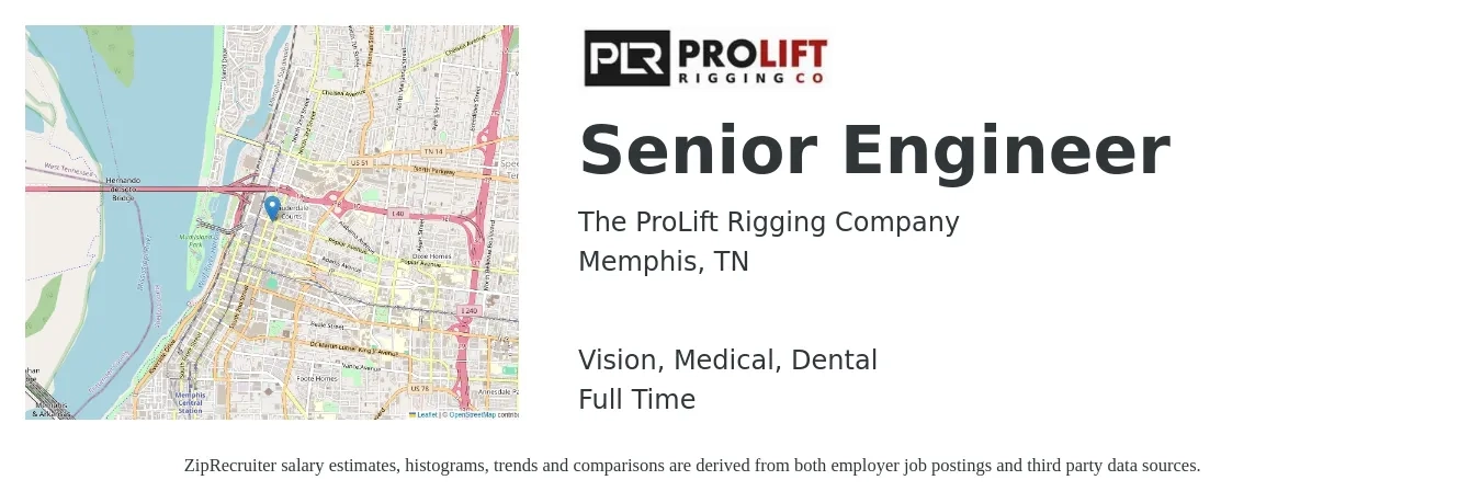 ProLift Rigging Co job posting for a Senior Engineer in Memphis, TN with a salary of $101,500 to $139,400 Yearly and benefits including dental, life_insurance, medical, pto, retirement, and vision with a map of Memphis location.