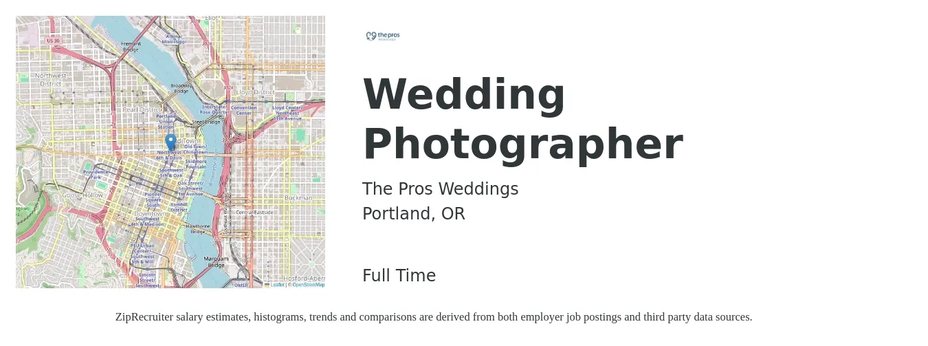 The Pros Weddings job posting for a Wedding Photographer in Portland, OR with a salary of $53 to $61 Hourly with a map of Portland location.