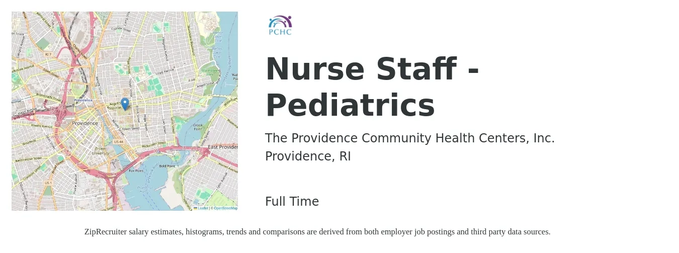 The Providence Community Health Centers, Inc. job posting for a Nurse Staff - Pediatrics in Providence, RI with a salary of $33 to $54 Hourly with a map of Providence location.