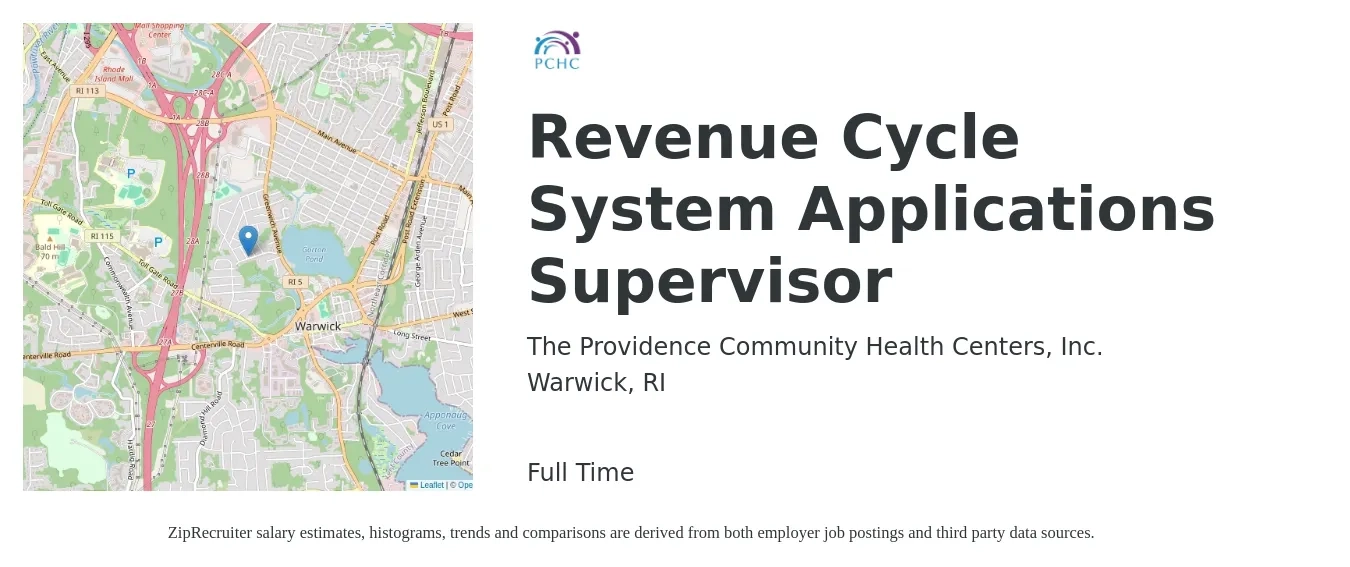 The Providence Community Health Centers, Inc. job posting for a Revenue Cycle System Applications Supervisor in Warwick, RI with a salary of $64,400 to $94,700 Yearly with a map of Warwick location.