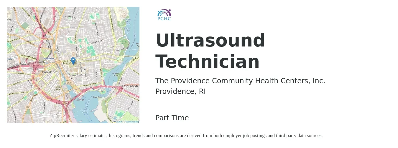 The Providence Community Health Centers, Inc. job posting for a Ultrasound Technician in Providence, RI with a salary of $1,280 to $2,570 Weekly with a map of Providence location.