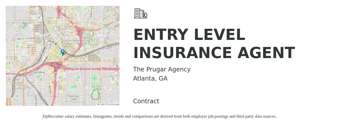 The Prugar Agency job posting for a ENTRY LEVEL INSURANCE AGENT in Atlanta, GA with a salary of $55,300 to $117,300 Yearly with a map of Atlanta location.