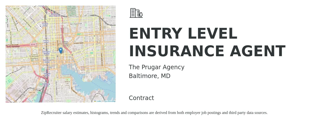The Prugar Agency job posting for a ENTRY LEVEL INSURANCE AGENT in Baltimore, MD with a salary of $57,100 to $121,200 Yearly with a map of Baltimore location.
