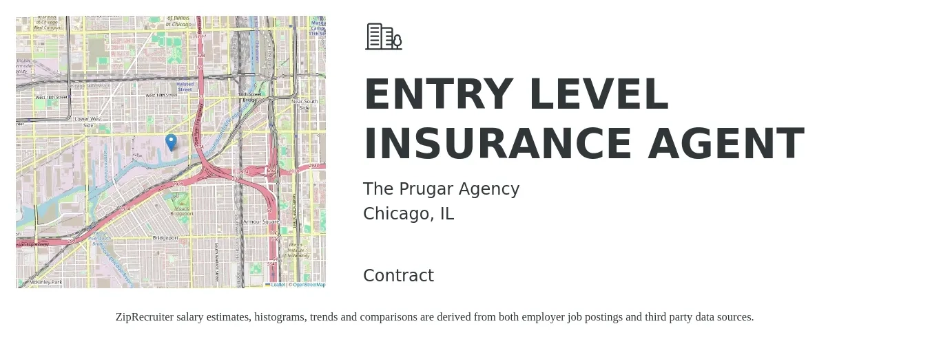 The Prugar Agency job posting for a ENTRY LEVEL INSURANCE AGENT in Chicago, IL with a salary of $59,200 to $125,700 Yearly with a map of Chicago location.