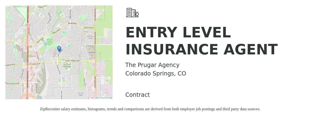 The Prugar Agency job posting for a ENTRY LEVEL INSURANCE AGENT in Colorado Springs, CO with a salary of $56,700 to $120,200 Yearly with a map of Colorado Springs location.