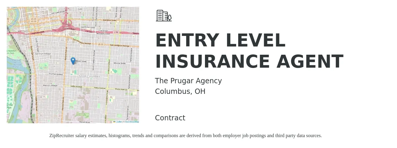 The Prugar Agency job posting for a ENTRY LEVEL INSURANCE AGENT in Columbus, OH with a salary of $55,500 to $117,800 Yearly with a map of Columbus location.