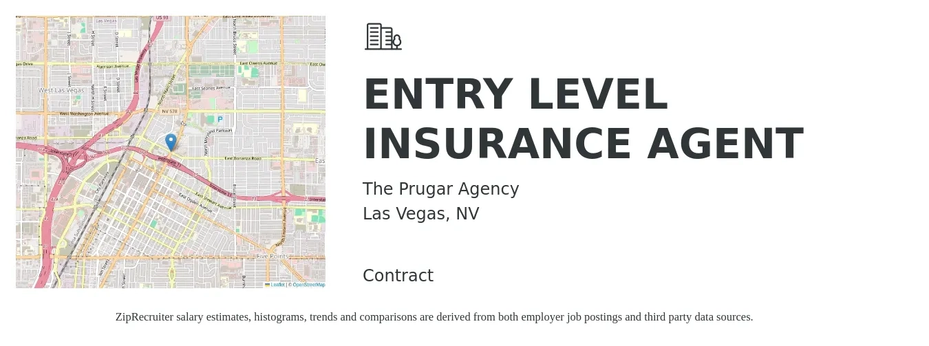 The Prugar Agency job posting for a ENTRY LEVEL INSURANCE AGENT in Las Vegas, NV with a salary of $54,900 to $116,500 Yearly with a map of Las Vegas location.