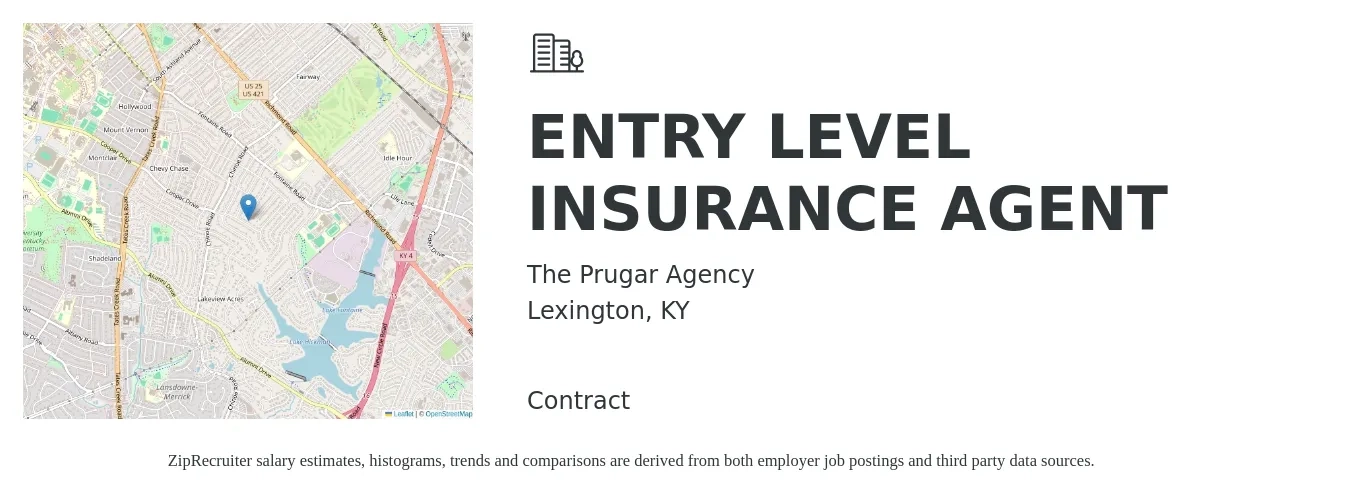 The Prugar Agency job posting for a ENTRY LEVEL INSURANCE AGENT in Lexington, KY with a salary of $57,200 to $121,300 Yearly with a map of Lexington location.