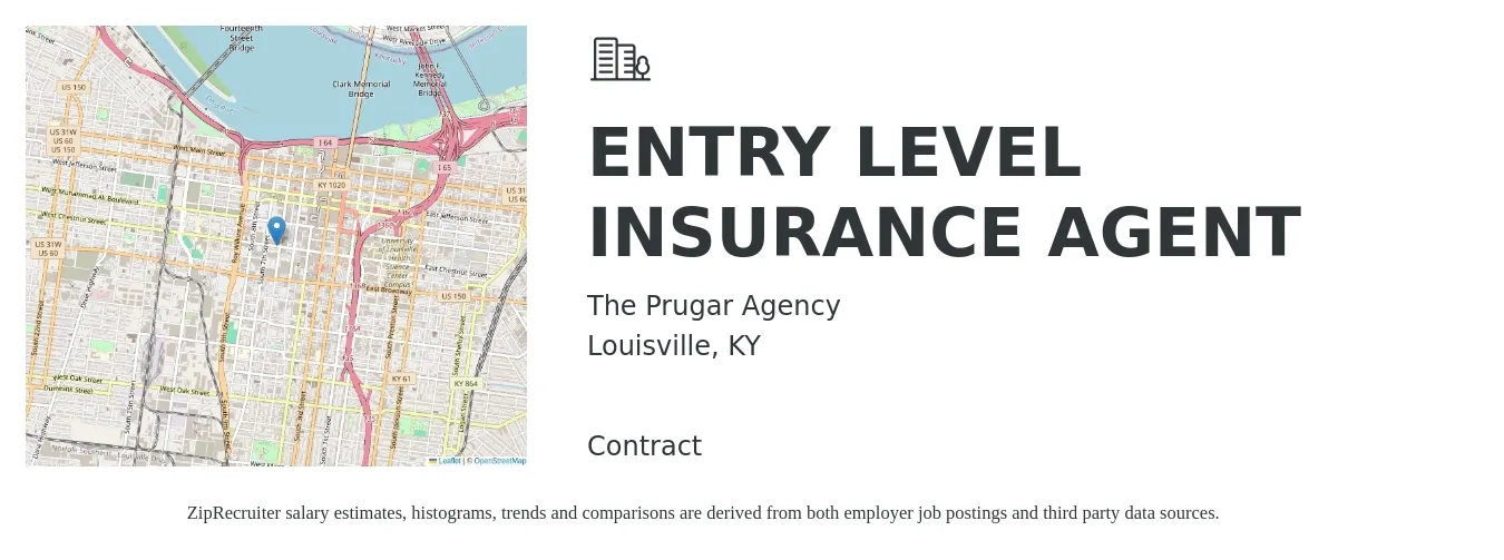 The Prugar Agency job posting for a ENTRY LEVEL INSURANCE AGENT in Louisville, KY with a salary of $55,200 to $117,200 Yearly with a map of Louisville location.