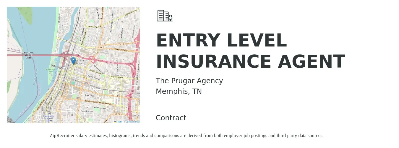 The Prugar Agency job posting for a ENTRY LEVEL INSURANCE AGENT in Memphis, TN with a salary of $55,900 to $118,500 Yearly with a map of Memphis location.