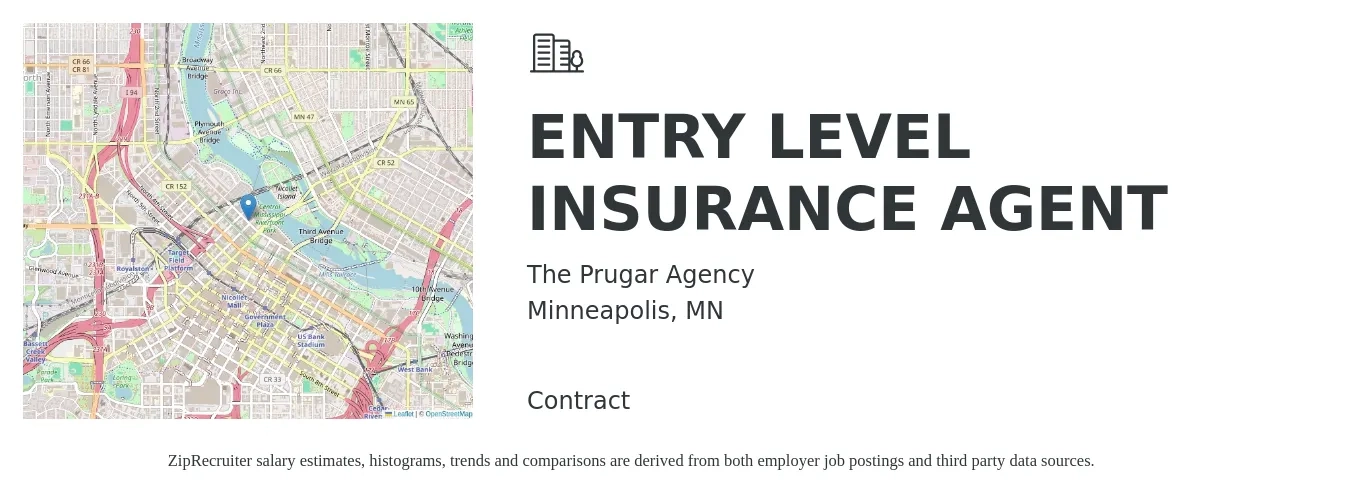 The Prugar Agency job posting for a ENTRY LEVEL INSURANCE AGENT in Minneapolis, MN with a salary of $60,000 to $127,300 Yearly with a map of Minneapolis location.