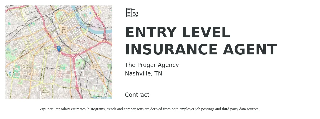 The Prugar Agency job posting for a ENTRY LEVEL INSURANCE AGENT in Nashville, TN with a salary of $55,500 to $117,800 Yearly with a map of Nashville location.