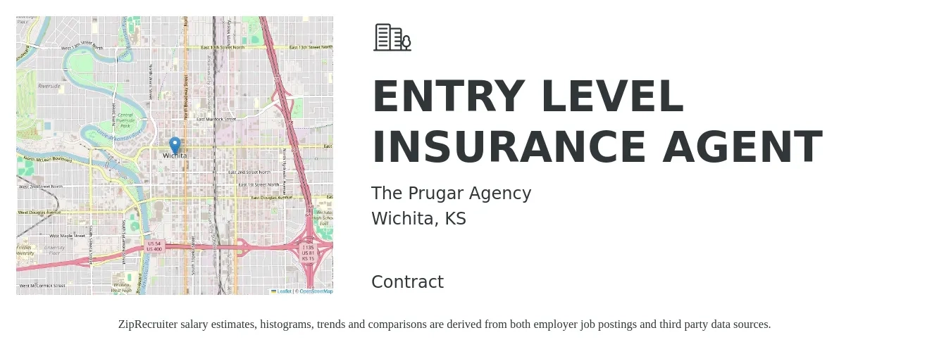 The Prugar Agency job posting for a ENTRY LEVEL INSURANCE AGENT in Wichita, KS with a salary of $51,400 to $109,100 Yearly with a map of Wichita location.