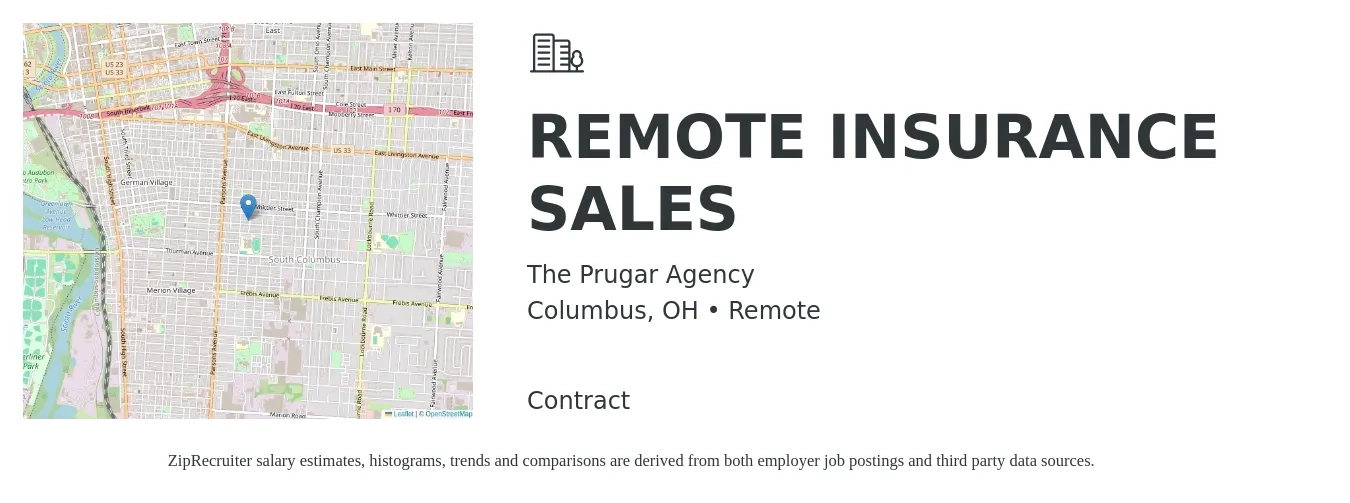 The Prugar Agency job posting for a REMOTE INSURANCE SALES in Columbus, OH with a salary of $49,300 to $72,000 Yearly with a map of Columbus location.
