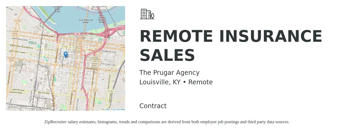The Prugar Agency job posting for a REMOTE INSURANCE SALES in Louisville, KY with a salary of $49,000 to $71,600 Yearly with a map of Louisville location.