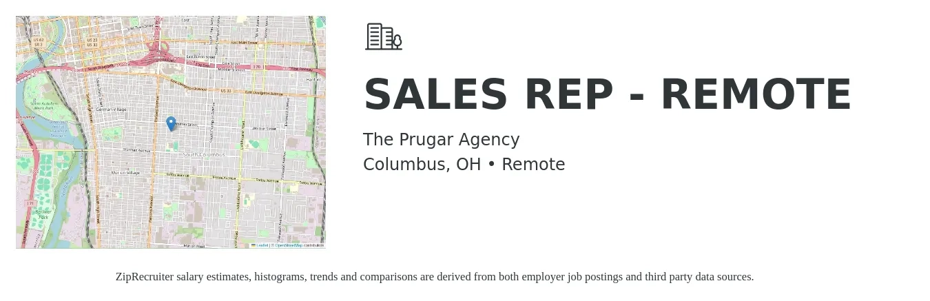 The Prugar Agency job posting for a SALES REP - REMOTE in Columbus, OH with a salary of $51,700 to $89,800 Yearly with a map of Columbus location.