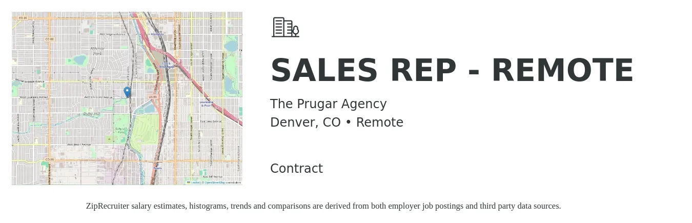 The Prugar Agency job posting for a SALES REP - REMOTE in Denver, CO with a salary of $55,100 to $95,700 Yearly with a map of Denver location.