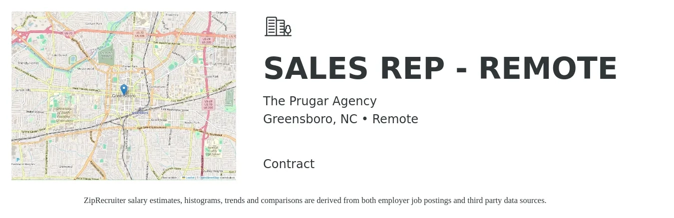 The Prugar Agency job posting for a SALES REP - REMOTE in Greensboro, NC with a salary of $51,800 to $90,100 Yearly with a map of Greensboro location.