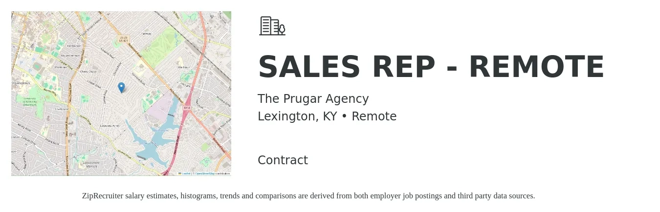 The Prugar Agency job posting for a SALES REP - REMOTE in Lexington, KY with a salary of $53,200 to $92,400 Yearly with a map of Lexington location.