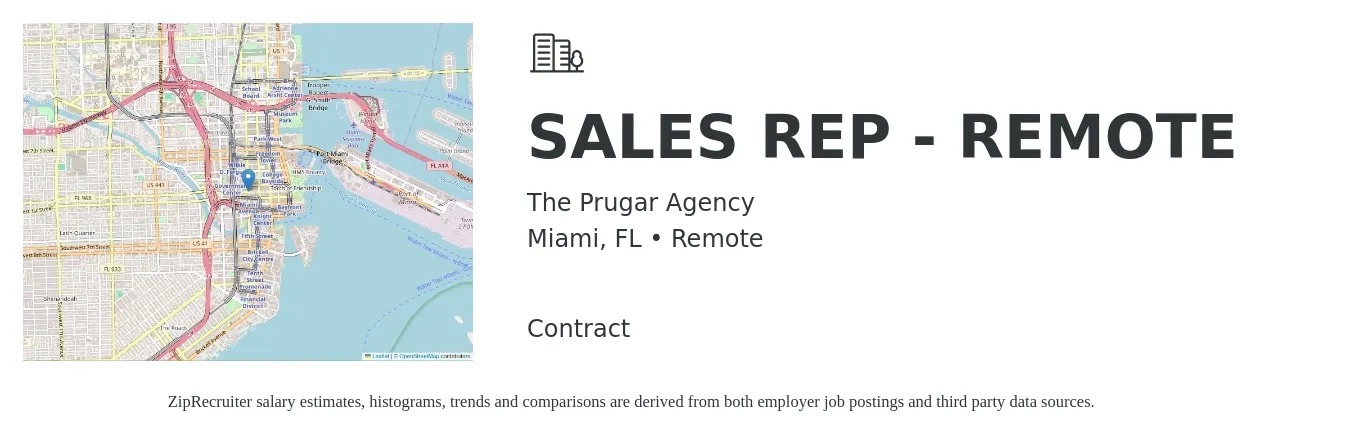 The Prugar Agency job posting for a SALES REP - REMOTE in Miami, FL with a salary of $51,200 to $88,900 Yearly with a map of Miami location.