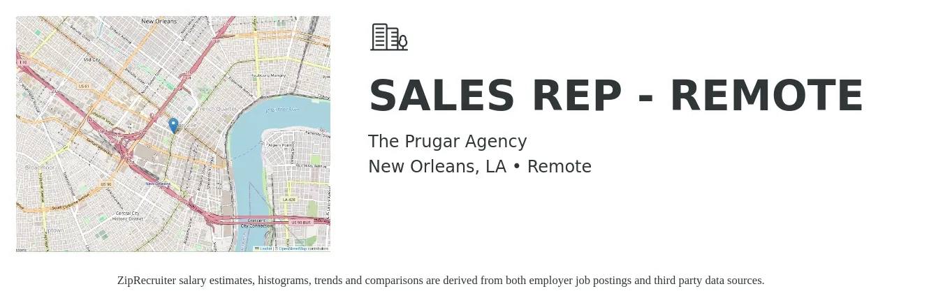 The Prugar Agency job posting for a SALES REP - REMOTE in New Orleans, LA with a salary of $51,400 to $89,300 Yearly with a map of New Orleans location.
