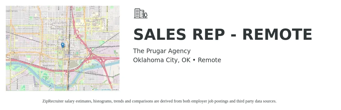 The Prugar Agency job posting for a SALES REP - REMOTE in Oklahoma City, OK with a salary of $49,700 to $86,400 Yearly with a map of Oklahoma City location.