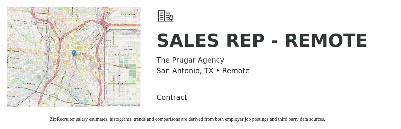 The Prugar Agency job posting for a SALES REP - REMOTE in San Antonio, TX with a salary of $48,300 to $83,900 Yearly with a map of San Antonio location.