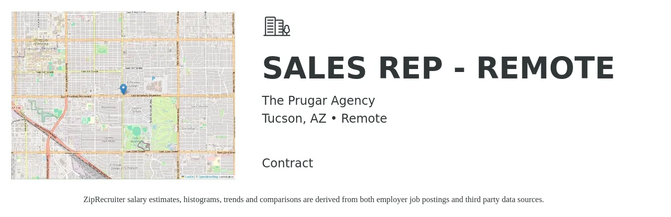 The Prugar Agency job posting for a SALES REP - REMOTE in Tucson, AZ with a salary of $50,600 to $87,900 Yearly with a map of Tucson location.