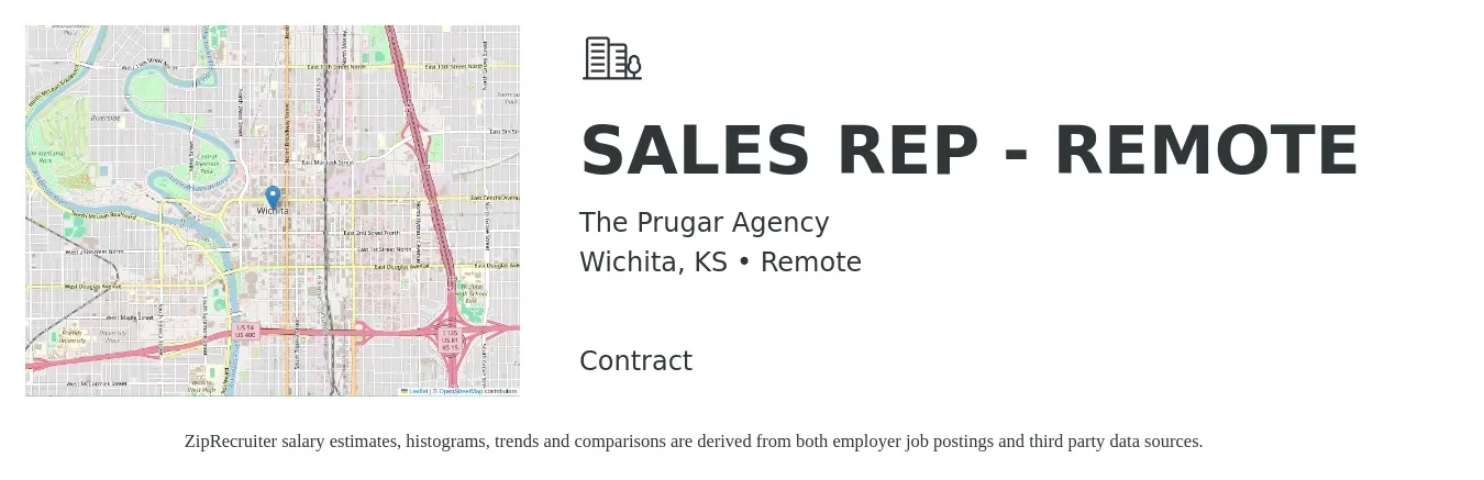 The Prugar Agency job posting for a SALES REP - REMOTE in Wichita, KS with a salary of $47,900 to $83,200 Yearly with a map of Wichita location.