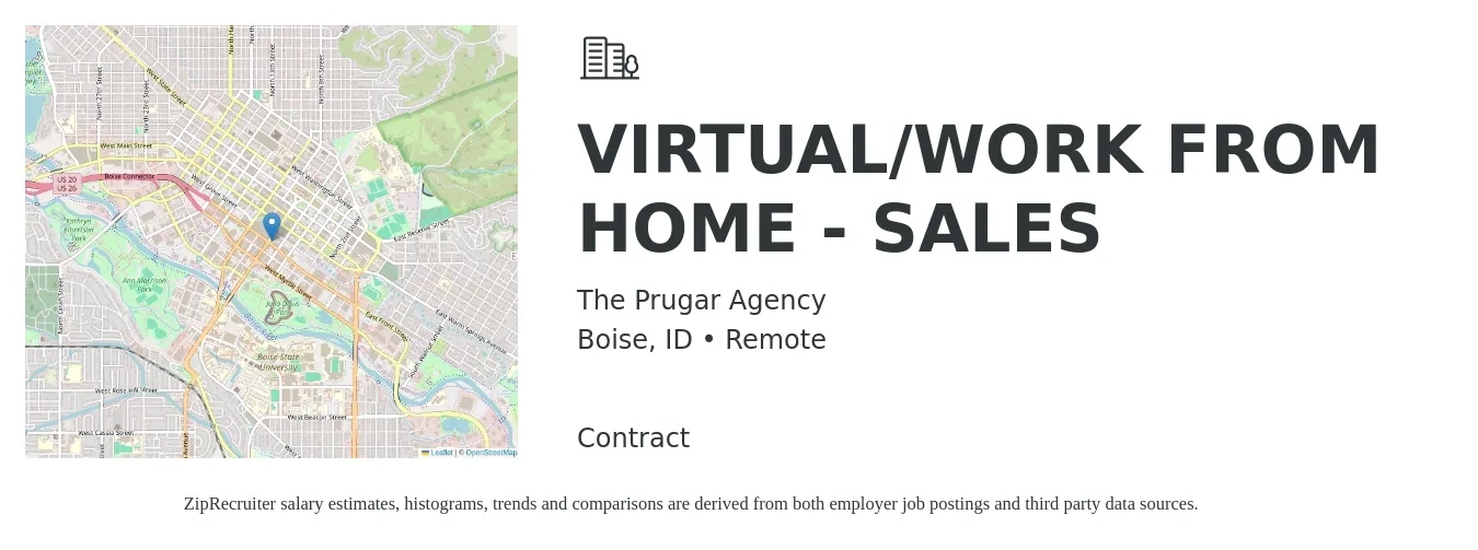 The Prugar Agency job posting for a VIRTUAL/WORK FROM HOME - SALES in Boise, ID with a salary of $50,400 to $91,800 Yearly with a map of Boise location.