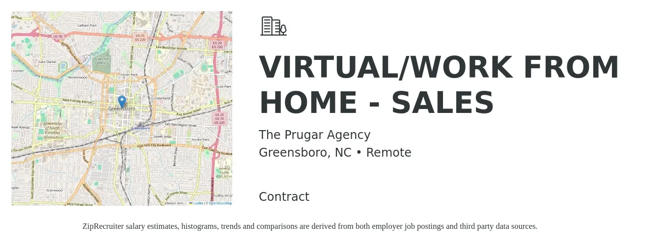 The Prugar Agency job posting for a VIRTUAL/WORK FROM HOME - SALES in Greensboro, NC with a salary of $51,400 to $93,500 Yearly with a map of Greensboro location.