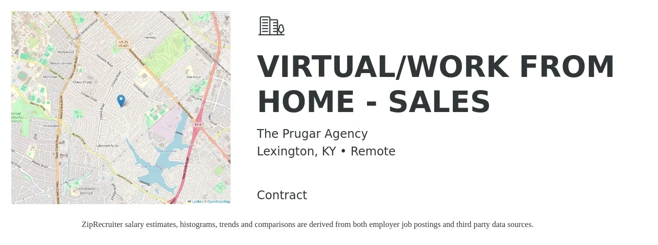 The Prugar Agency job posting for a VIRTUAL/WORK FROM HOME - SALES in Lexington, KY with a salary of $52,700 to $95,900 Yearly with a map of Lexington location.