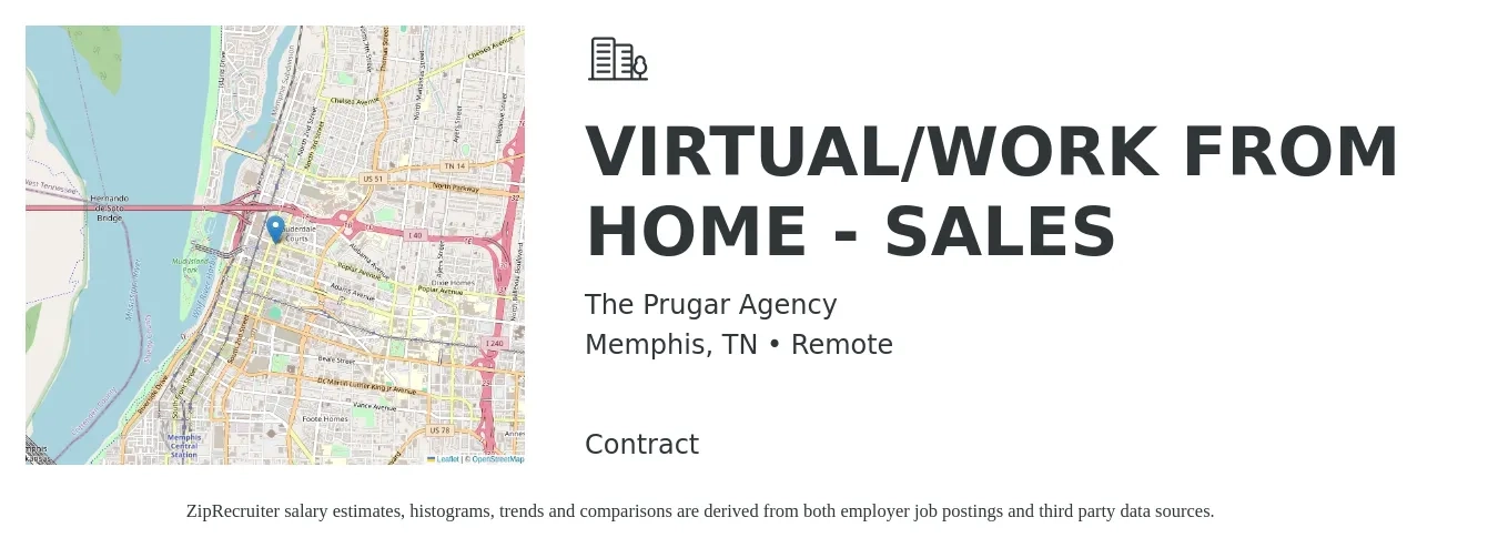 The Prugar Agency job posting for a VIRTUAL/WORK FROM HOME - SALES in Memphis, TN with a salary of $51,500 to $93,700 Yearly with a map of Memphis location.