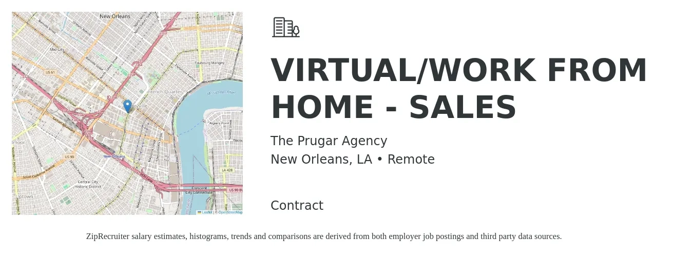 The Prugar Agency job posting for a VIRTUAL/WORK FROM HOME - SALES in New Orleans, LA with a salary of $50,900 to $92,700 Yearly with a map of New Orleans location.