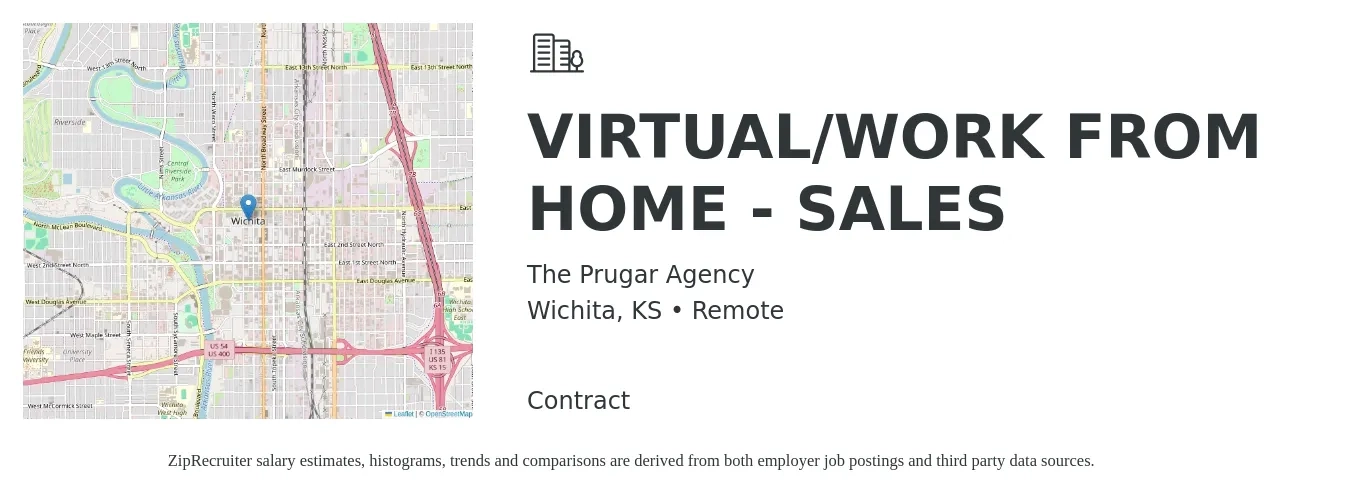 The Prugar Agency job posting for a VIRTUAL/WORK FROM HOME - SALES in Wichita, KS with a salary of $47,400 to $86,300 Yearly with a map of Wichita location.